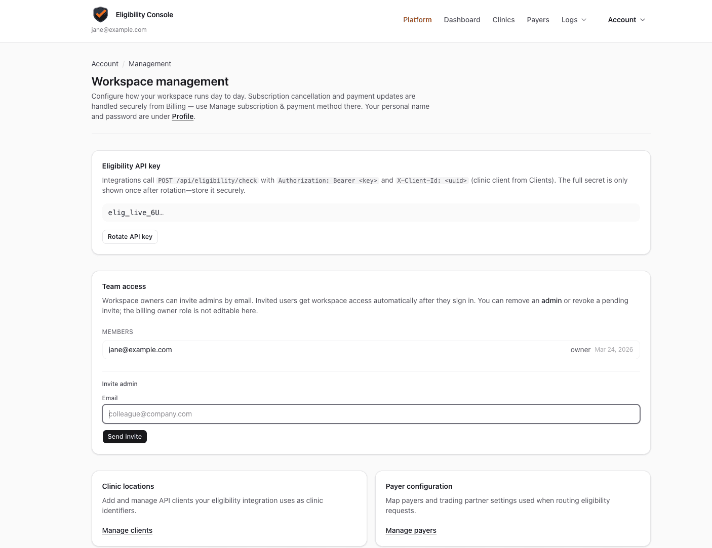 Account management page showing the Eligibility API key section