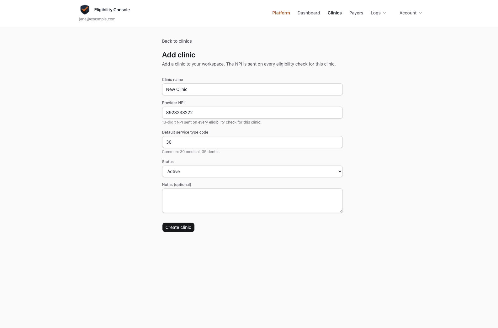 Add clinic form with name, NPI, service type, and notes fields