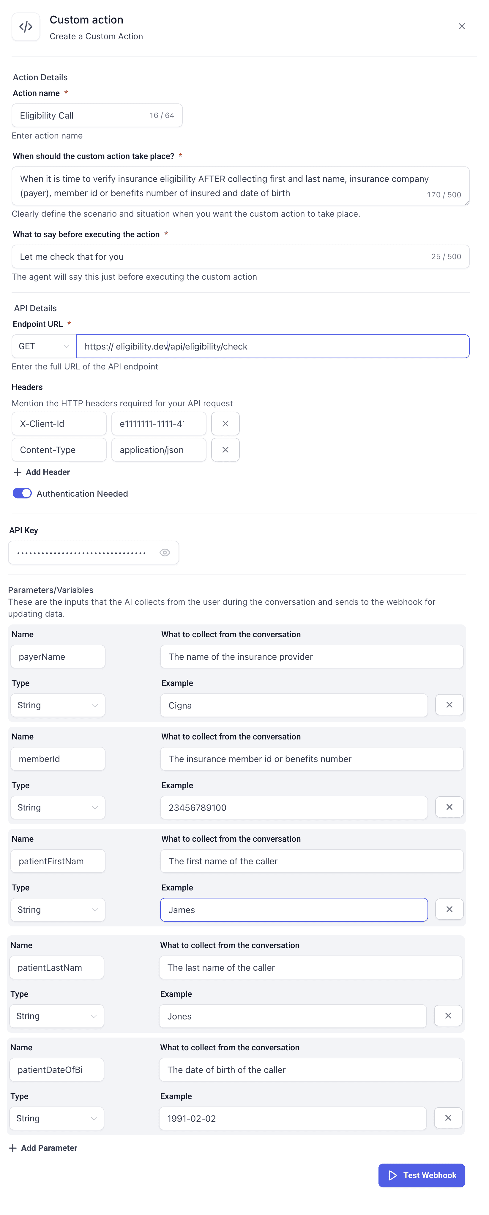 GHL Custom Action configuration — action details, API key, and parameters